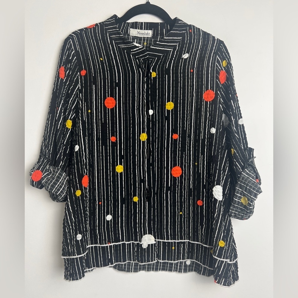 Moonlight Small Polka Dot Stripe Toggle Button Roll Tab Sleeve‎ Blouse